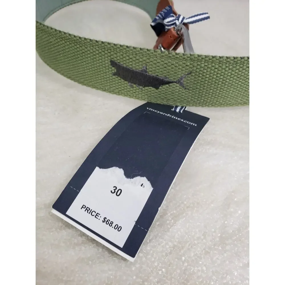 NEW SIZE 30 Vineyard Vines Canvas Green Olive Shark Belt Nautical Beach Vacation